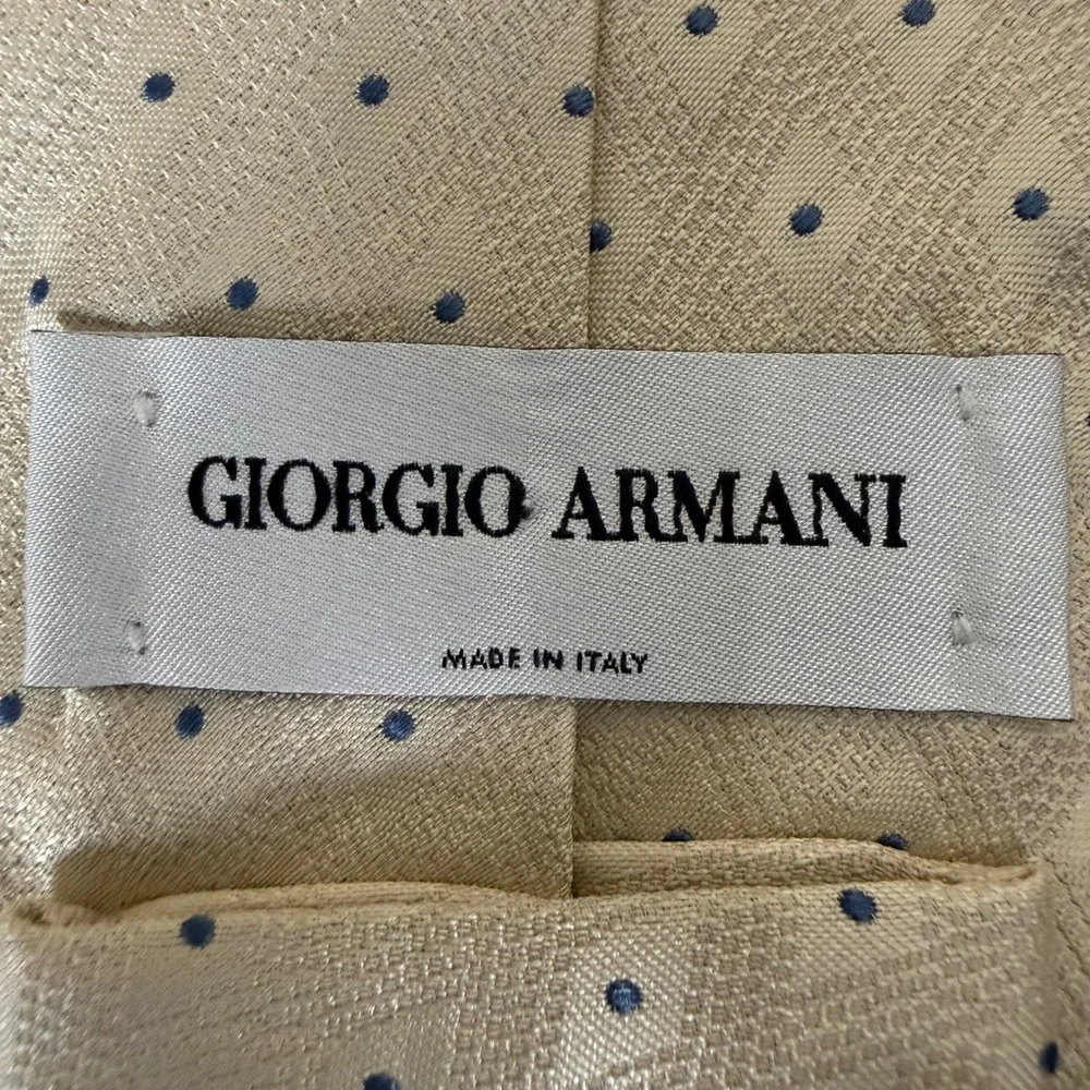 Giorgio Armani Mens Silk Tie Beige Blue Polka Dot Diamond Weave Made in Italy